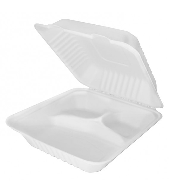 Envases Biodegradables con Tres Compartimentos Caña de Azúcar 23x23cm