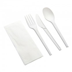 Set de Cubiertos Compostables con Tenedor, Cuchara, Cuchillo y Servilleta