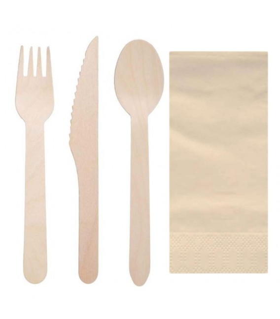 Set de Cubiertos Madera con Tenedor, Cuchara, Cuchillo y Servilleta