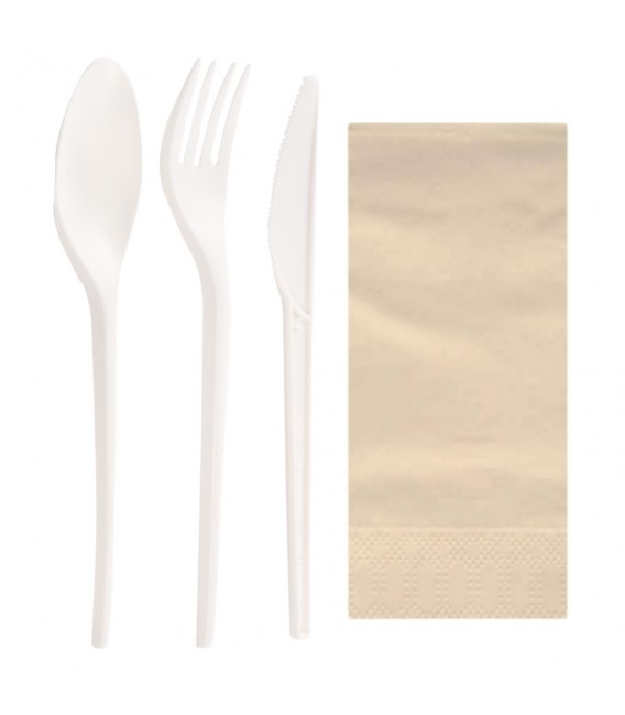 Set de Cubiertos Compostables con Tenedor, Cuchara, Cuchillo y Servilleta